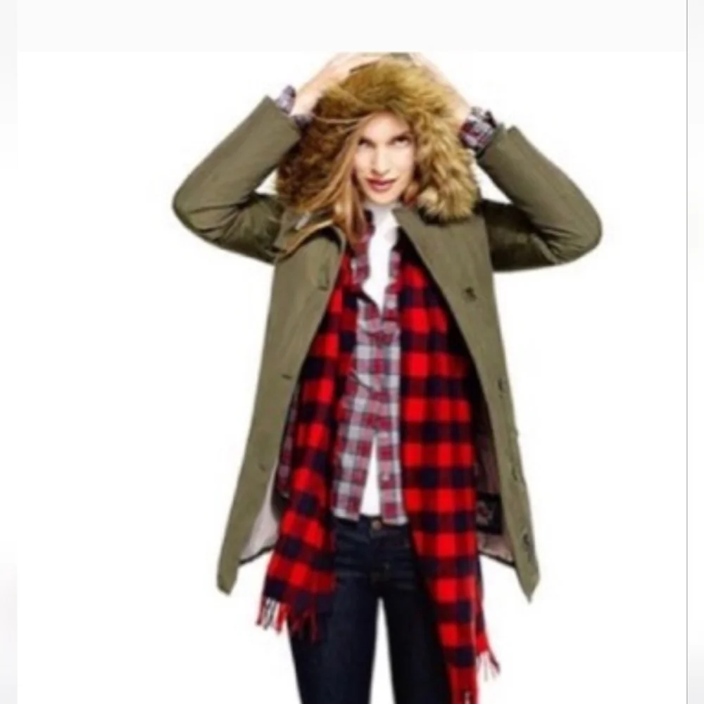 J.Crew Scarf Wool‎ Black Red Buffalo Plaid Rectangle Fringe